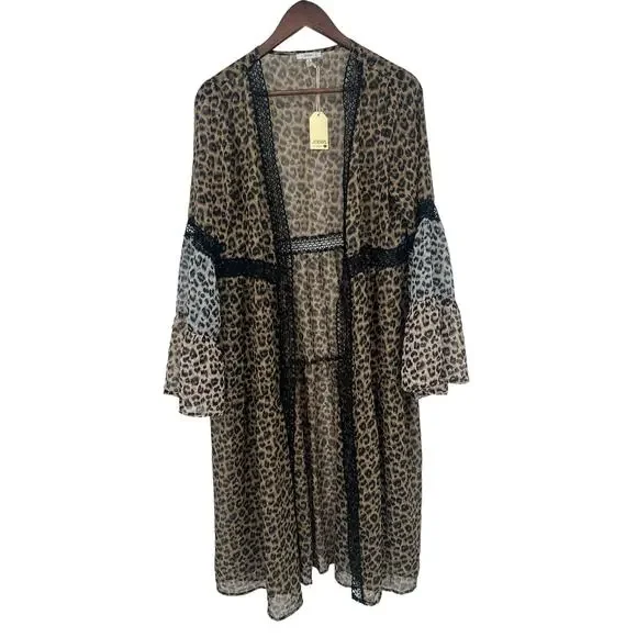 JODIFL Leopard Print Tiered Open Front Sheer Duster Women's Size Small NEW!!! - Picture 3 of 5